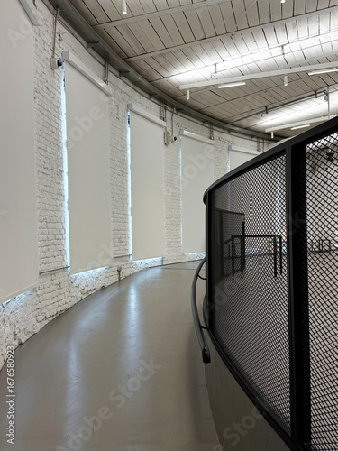 Self-leveling floor on ramp for people with limited mobility. Barrier-free environment design concept. Handheld mobile photo, selective focus, non AI