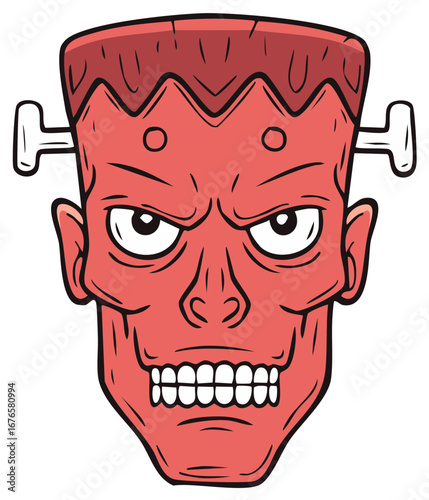Cartoon Frankenstein Monster Head with Bolts and Scars