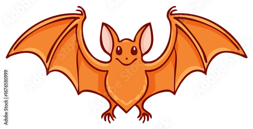 Cute orange cartoon bat character flying with wings spread wide, a friendly Halloween illustration