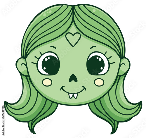 Cute green cartoon monster girl with heart on forehead