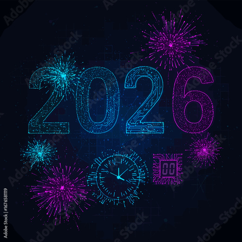 New Year's Eve Celebration with Sparkling Fireworks and Countdown Clock