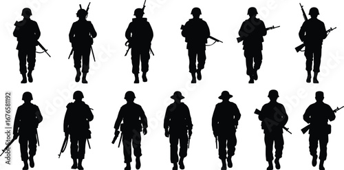 Soldier silhouette, army soldier, military man, soldier marching, combat fighter, infantry troop, war army, armed soldier, battle vector illustration