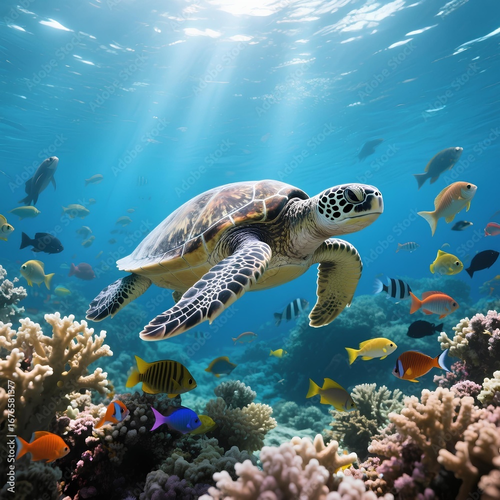 Fototapeta premium A sea turtle swimming gracefully through a coral reef, sunlight streaming from above, surrounded by colorful fish, photorealistic underwater scene