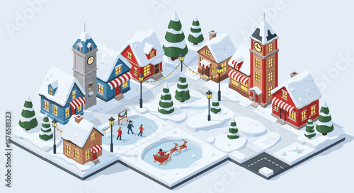 Charming Winter Village Scene with Ice Skating and Festive Lights