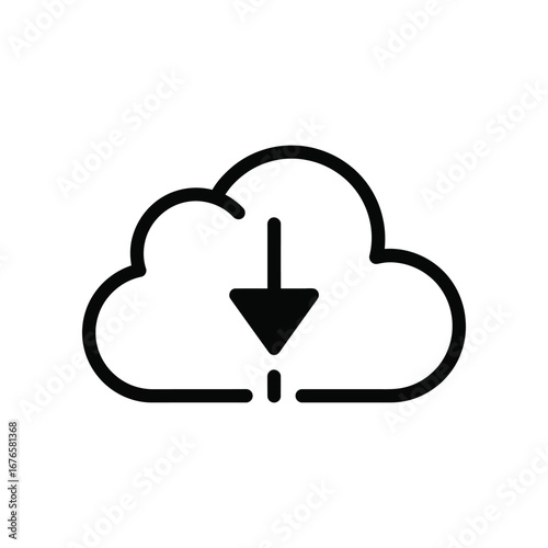 Cloud Download Icon: This minimalist graphic presents a clean, black cloud with a downward arrow, representing effortless data transfer and easy digital accessibility. 