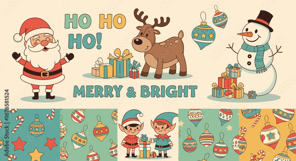 Naklejka premium Festive Ho Ho Ho Merry Bright Christmas Characters and Ornaments Collection