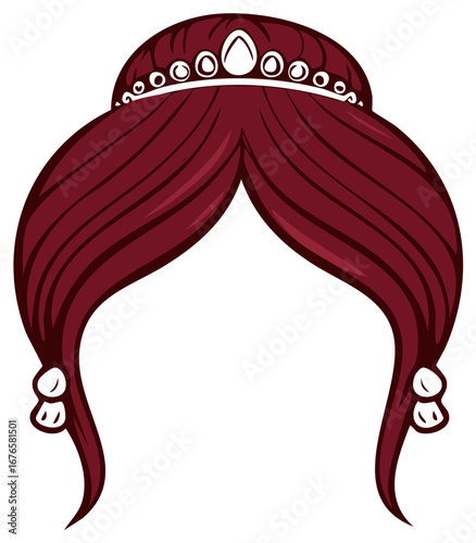 Elaborate dark red updo hairstyle with a tiara and decorative hair ornaments