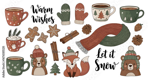 Cozy Winter Holiday Elements Featuring Animals Drinks and Decorations