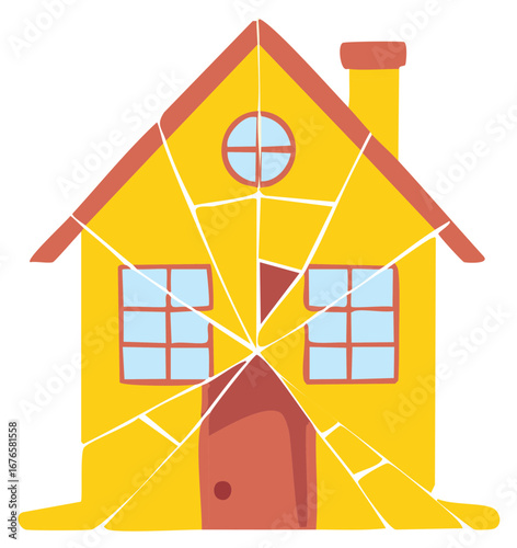 Stylized yellow house with shattered facade and red roof and door