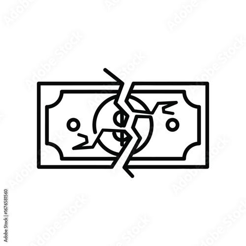 Broken Dollar Bill Icon: A minimalist black outline icon of a dollar bill is visibly split apart, visually conveying concepts of financial damage, loss, and economic distress.