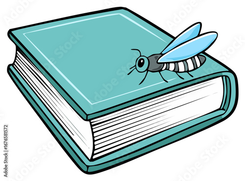 Cartoon image of a bee perched on a teal colored book