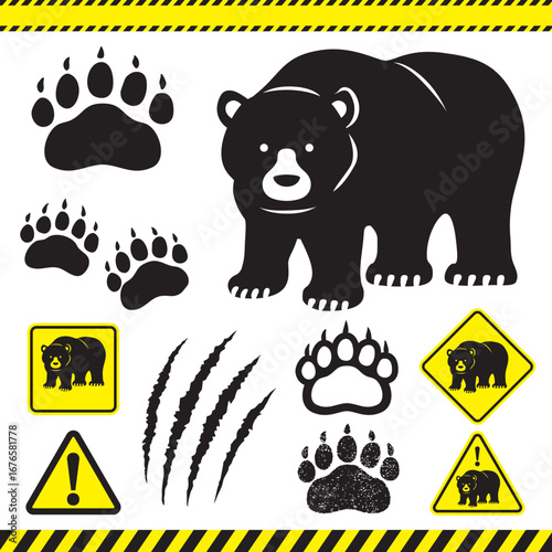 熊注意標識と足跡・爪痕のセット