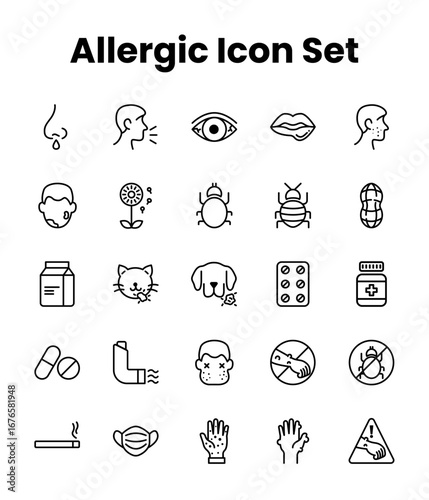  Set icons for Allergic Icon with outline style for web design isolated on white background