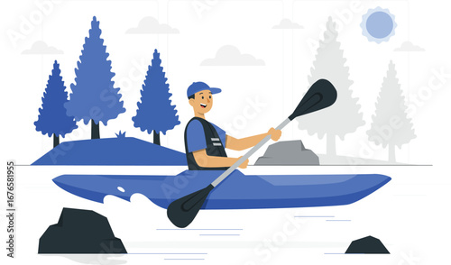 Dynamic kayaking adventure scene with water and mountains