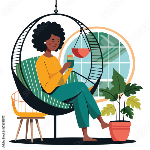 black woman enjoying cup of tee at home balcony