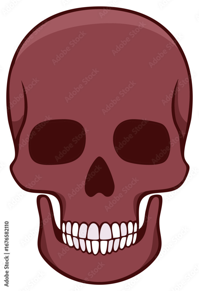 Fototapeta premium Stylized maroon human skull face with open mouth and visible teeth