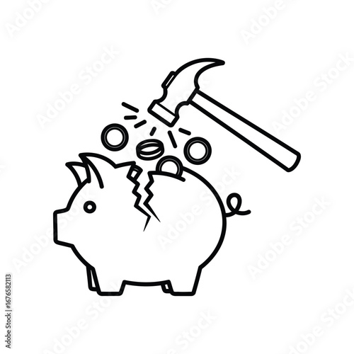 Breaking Point: A symbolic illustration captures the moment a hammer smashes a piggy bank, spilling coins. This image represents financial struggle, economic crisis.