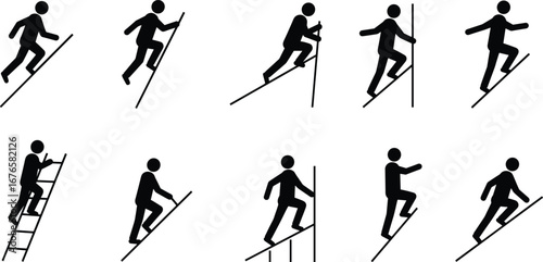 Stick figure climbing, silhouette person ascending stairs, ladder, slope, uphill vector, success concept, progress symbol, achievement icon, growth illustration, goal reaching