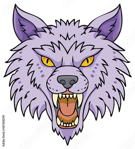 A fierce purple wolf head illustration with sharp fangs and piercing yellow eyes snarling aggressively