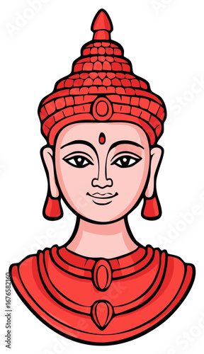 Stylized illustration of a serene face with a red ornate headdress and garment