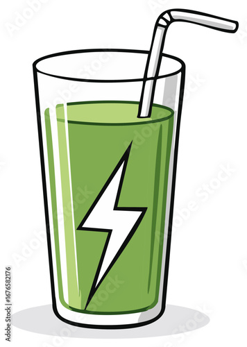 Green smoothie in glass with straw and lightning bolt design icon clip art