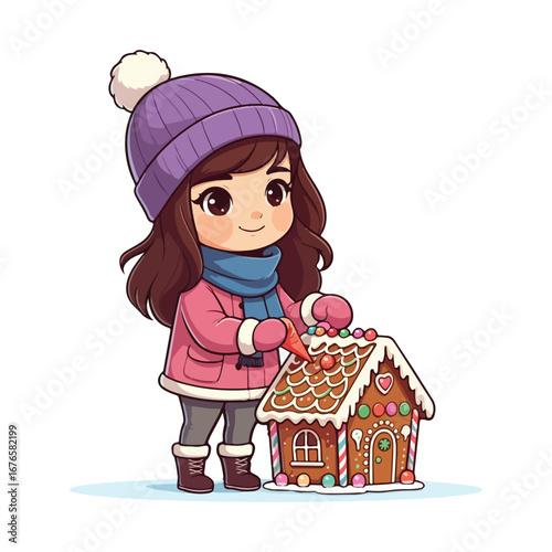 A smiling woman holds a little girl with a surprise gift box outside a red cartoon house, bringing winter holiday joy