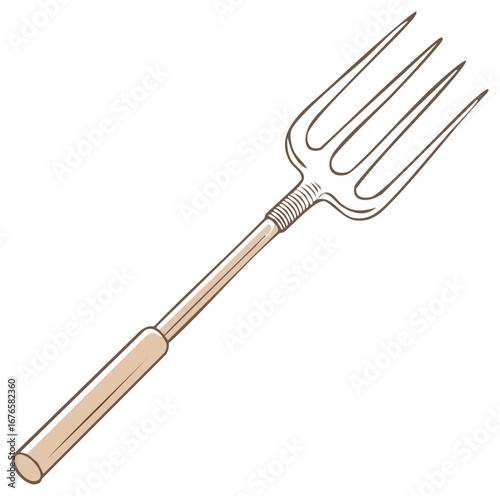 Illustration of a garden pitchfork with a wooden handle and metal tines