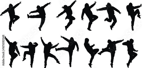 Street dance silhouettes, hip hop dancer poses, freestyle movement illustration, urban choreography design, breakdance performance art, energetic youth culture, modern active lifestyle