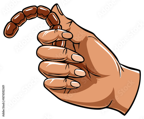 Cartoon illustration of a hand holding Islamic prayer beads for dhikr and spiritual meditation