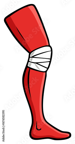 Cartoon illustration of an injured red leg with a supportive bandage on the knee joint