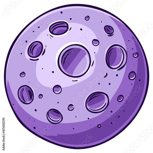 Cartoon illustration of a purple moon with craters and a simple design