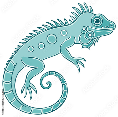 Stylized Iguana Illustration Turquoise Reptile Cartoon Drawing of Lizard with Spikes and Swirling Tail
