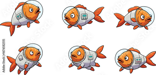Cartoon goldfish in astronaut suits floating in space—fun aquatic space-themed illustration set for education, editorial, science fiction, entertainment