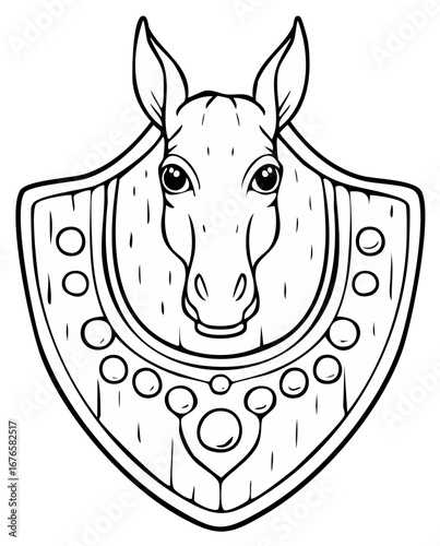 Stylized horse head trophy mounted on an ornate wooden shield line art illustration