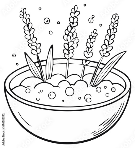 A simple black and white illustration of lavender sprigs in a bowl with frothy liquid and bubbles