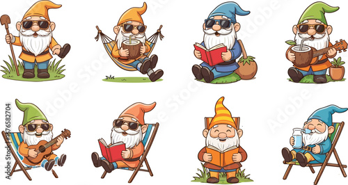 Cartoon gnomes relaxing with sunglasses—reading, music, hammock, coconut drink—fun leisure-themed illustration set for editorial, lifestyle, entertainment use