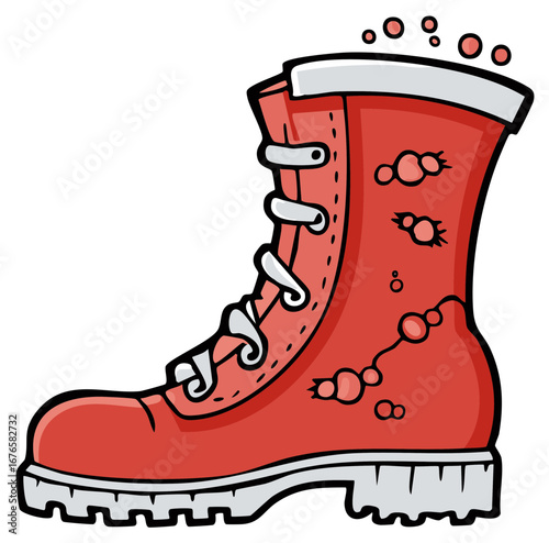 Red cartoon style hiking boot with white laces and thick sole, vector illustration