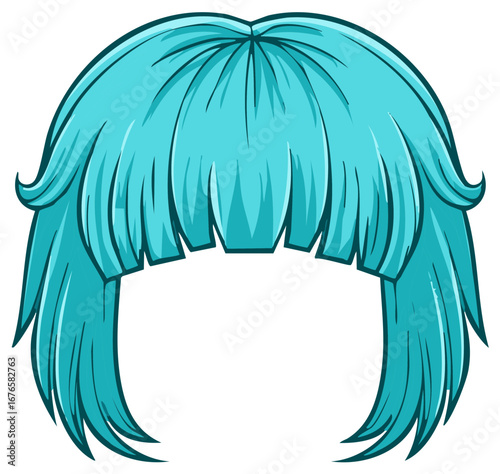 Stylized Vibrant Blue Hair Wig with Blunt Bangs and Flowing Locks for Cosplay or Character Design with Bold Lines