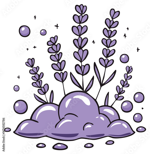 Whimsical purple lavender blooms with floating bubbles and stars