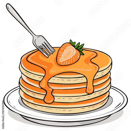 Stack of golden pancakes drizzled with syrup and topped with fresh strawberry and fork