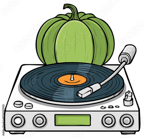 Green pumpkin resting on a vintage record player with a spinning vinyl disk