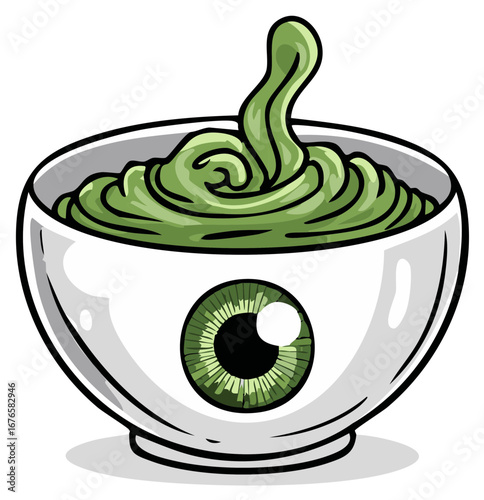 Bowl With Eyeball Design Containing Swirled Green Goo, Vector Illustration, Spooky, Funny, Novelty Item Concept