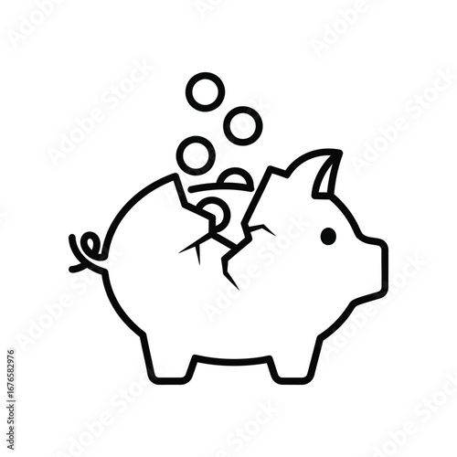 Broken Piggy Bank: A poignant outline of a cracked piggy bank, symbolizing financial distress, economic uncertainty, and the fragility of savings.