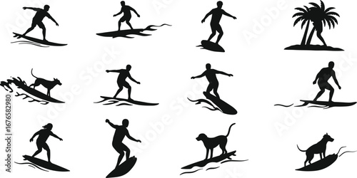 Surfing silhouette illustration, surfer riding waves, dog surfing design, beach lifestyle art, tropical palm tree summer, ocean adventure, extreme water sport