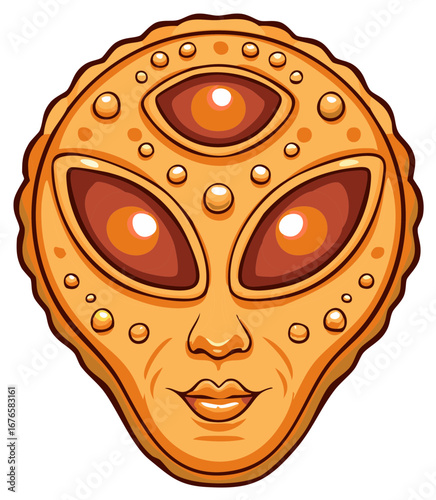 Cartoon illustration of an alien face with three eyes and yellow complexion in graphic design