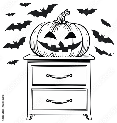 Halloween jack o lantern on nightstand with flying bats vector illustration