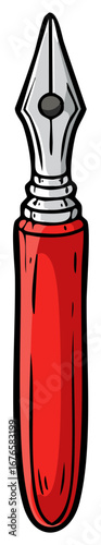 Red Ink Pen Quill Writing Tool Retro Illustration, Cartoon Style