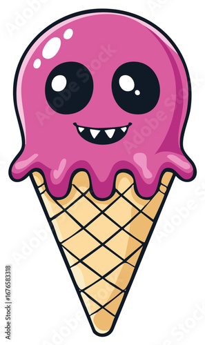 Cartoon ice cream cone with pink scoop, big eyes, and a tiny toothy smile for fun summer treat concept.
