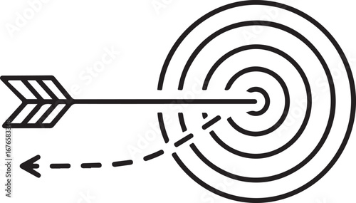Arrow hitting bullseye on target with dashed line indicating trajectory center