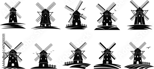 Windmill silhouette vector, traditional windmill illustration, vintage rural windmill design, countryside farm windmill, renewable energy symbol, old windmill artwork